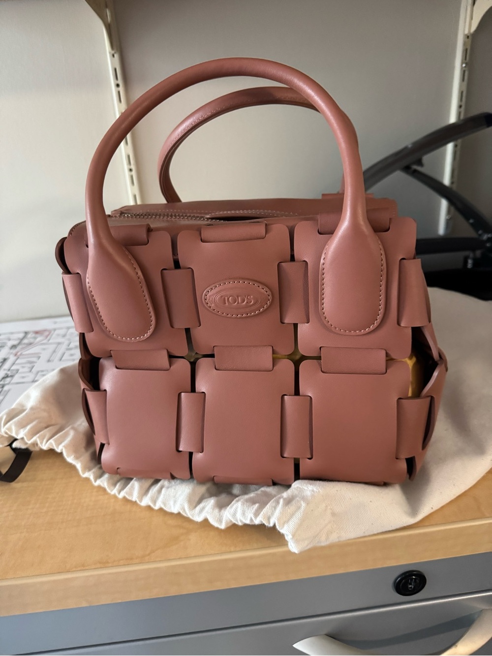 TOD'S Di bag- Rose Brown Leather Woven Satchel with Pouch - Picture 4 of 4